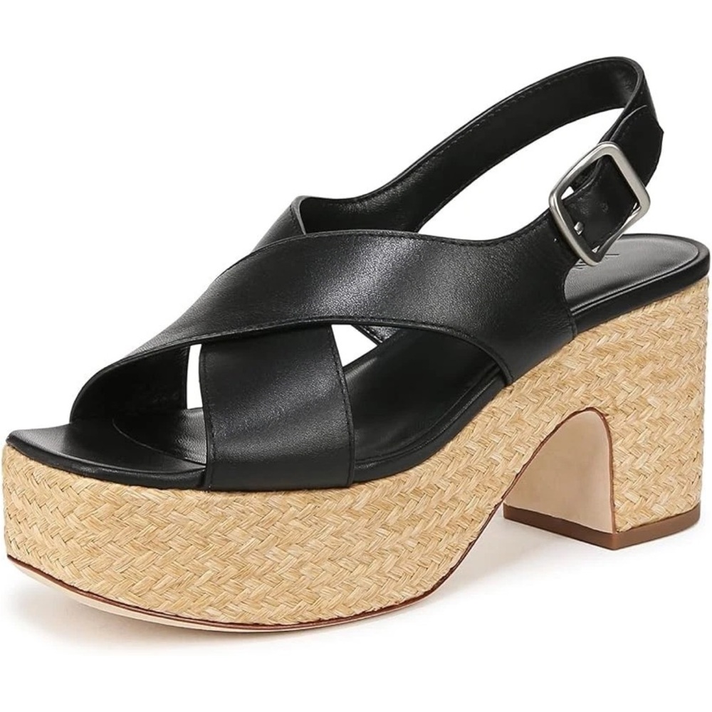Vince Women's Clementina Heeled Sandal Black Leather Platform Slingback Raffia 5 - Picture 2 of 7